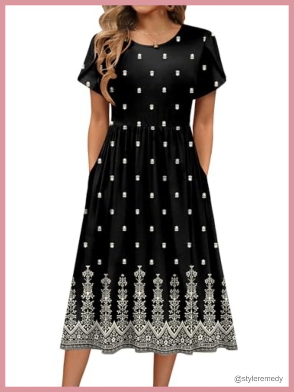 A-Line Midi Dress Floral Short Sleeve T-Shirt Sundress with Pockets